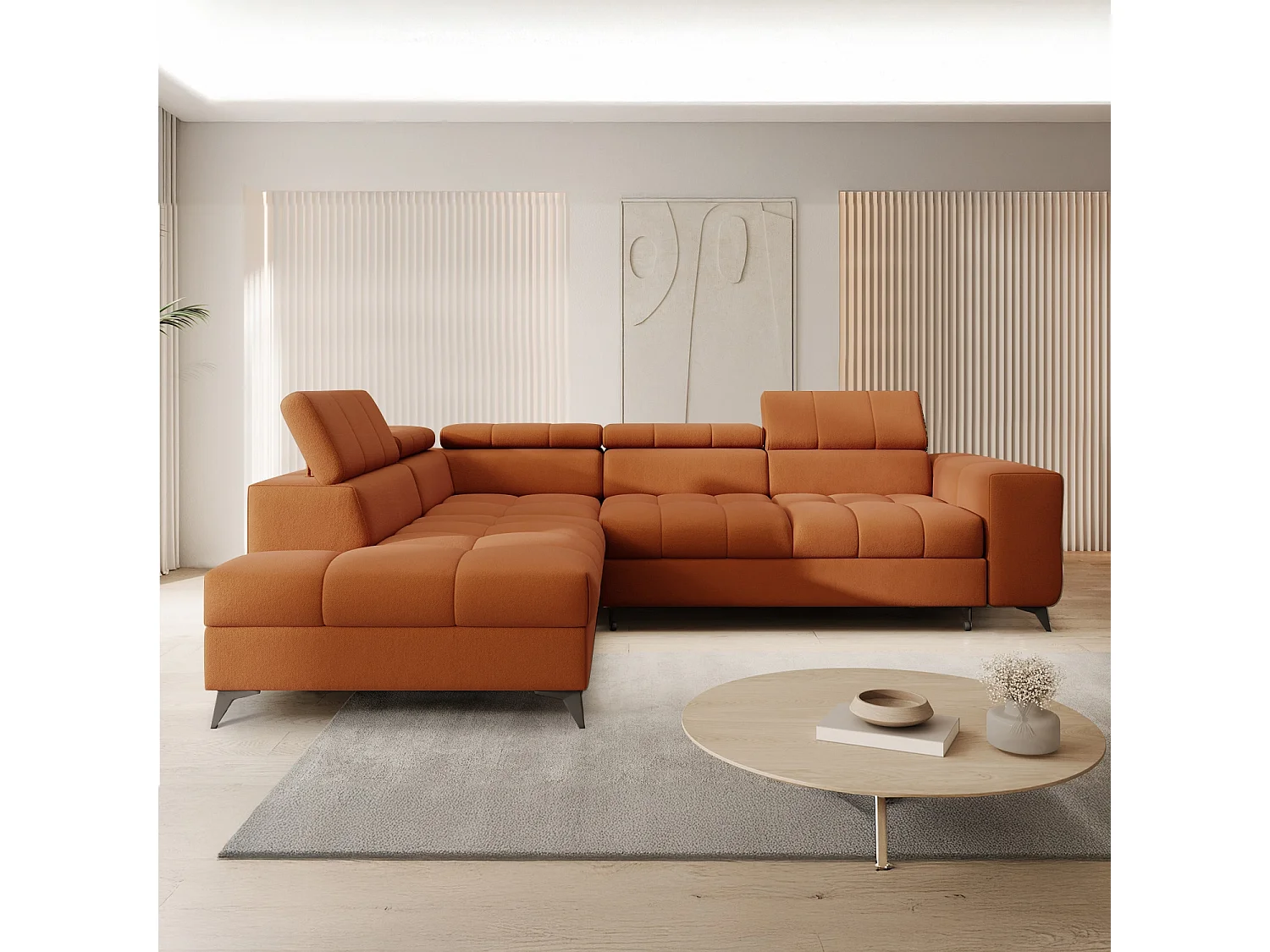 Canapé d'angle gauche convertible Gaspard velours Terracotta