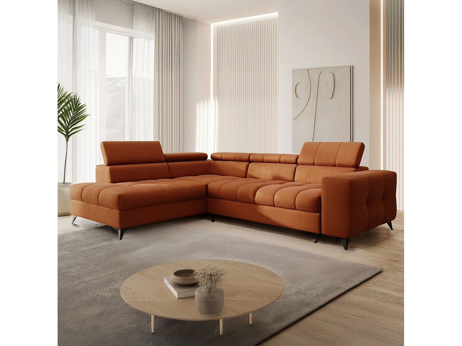Canapé d'angle gauche convertible Gaspard velours Terracotta