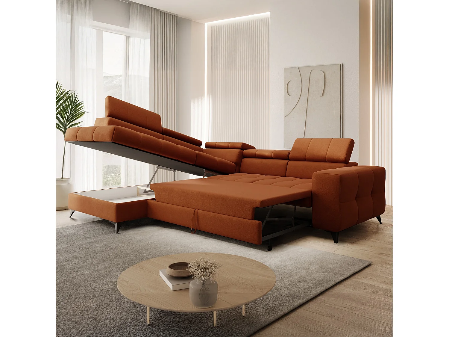 Canapé d'angle gauche convertible Gaspard velours Terracotta