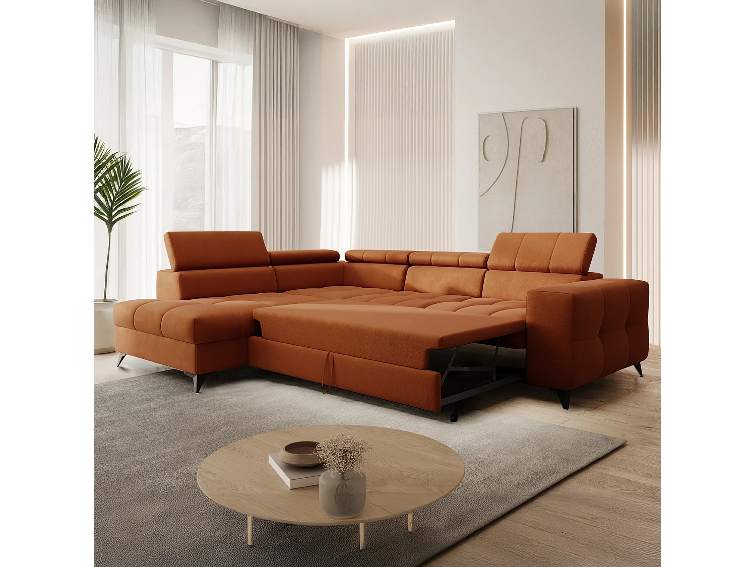 Canapé d'angle gauche convertible Gaspard velours Terracotta
