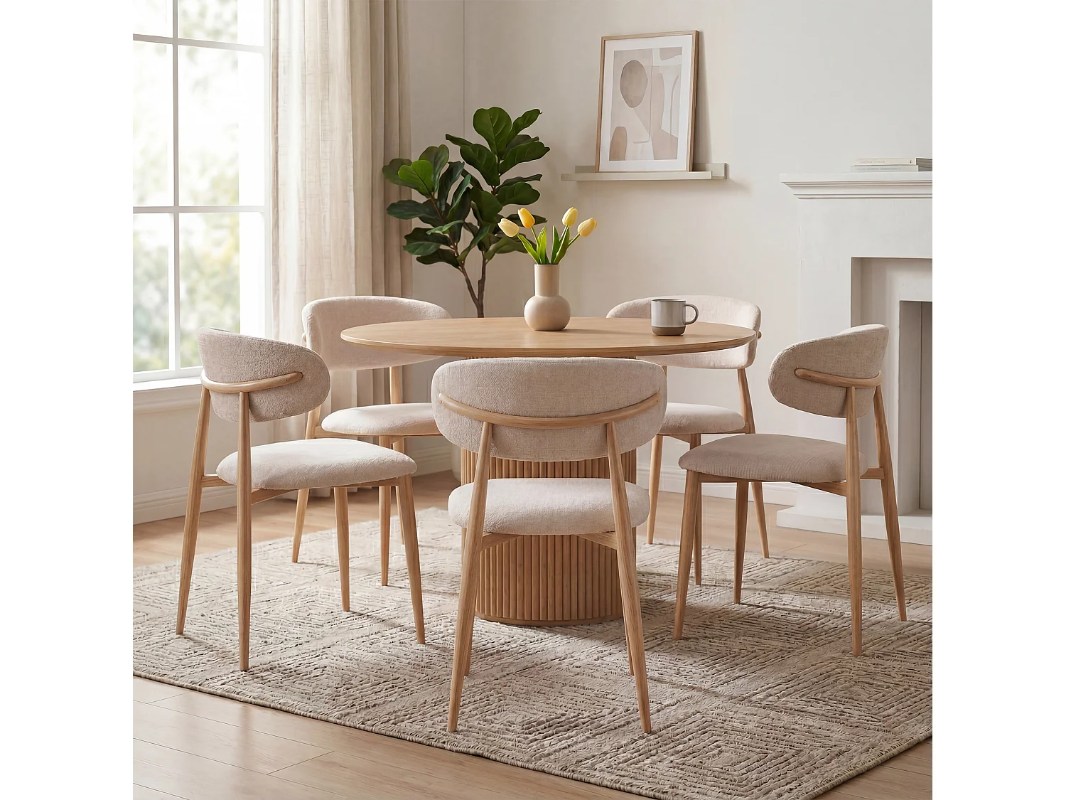 Set van 4 eetkamerstoelen stof beige - Poten licht eikenhout-effect - LEA