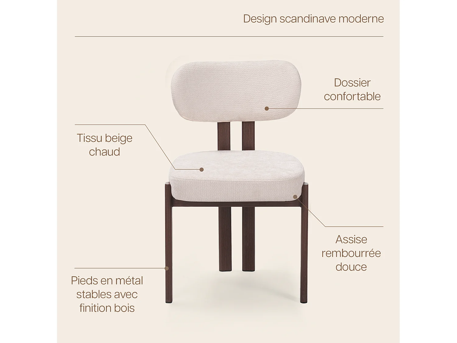 Lot de 4 chaises salle à manger - Tissu beige - Pieds effet bois noyer foncé - NOA