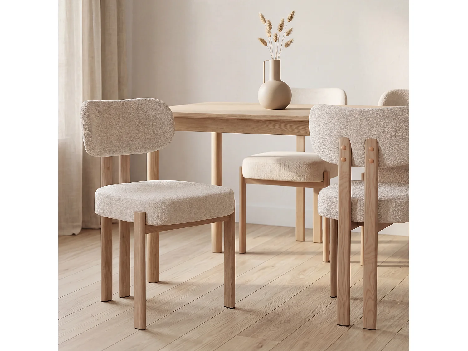 Lot de 4 chaises salle à manger - Tissu beige - Pieds effet bois chêne naturel clair - NOA