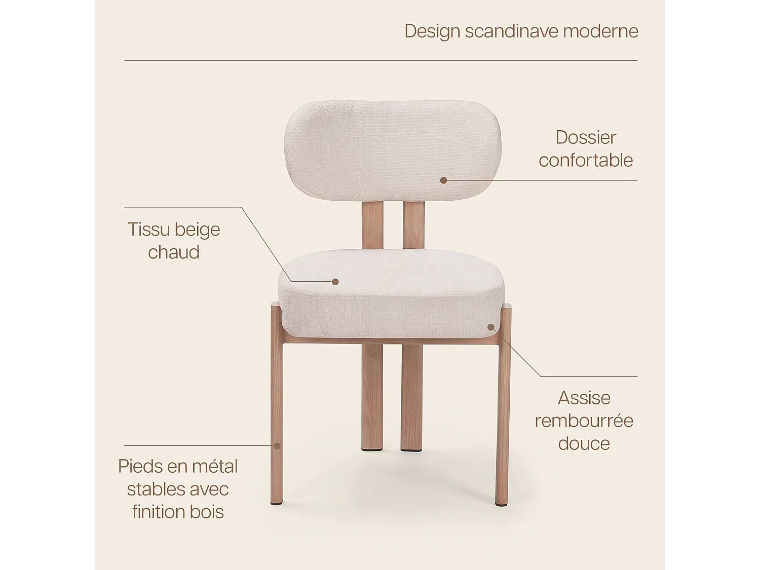 Lot de 4 chaises salle à manger - Tissu beige - Pieds effet bois chêne naturel clair - NOA