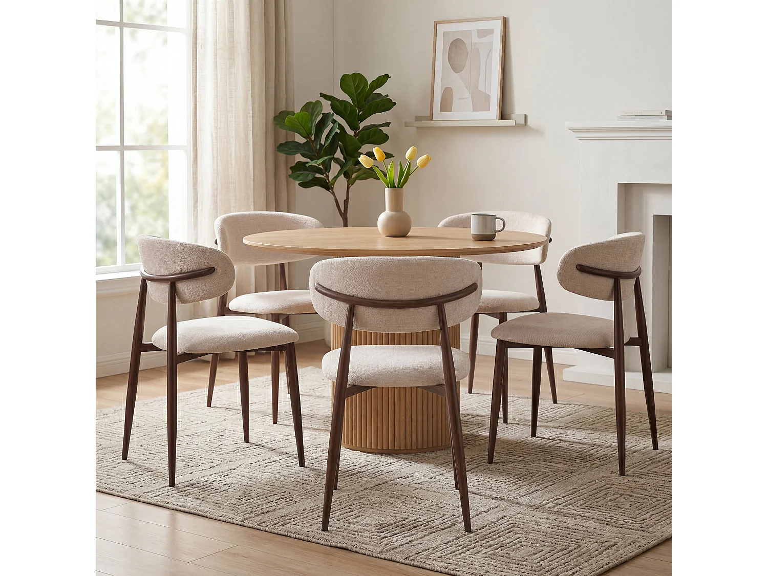 Lot de 4 chaises salle à manger - Tissu beige - Pieds effet bois noyer foncé - LEA