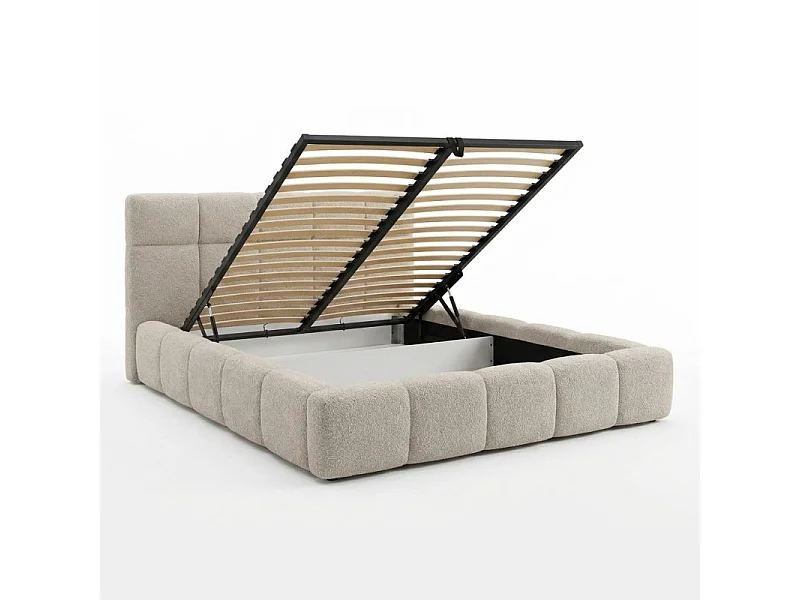 Lit coffre 140 x 200 cm en tissu capitonné bouclette beige – MIRACLE