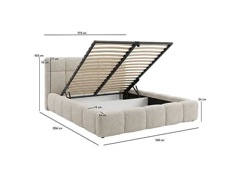 Lit coffre 140 x 200 cm en tissu capitonné bouclette beige – MIRACLE