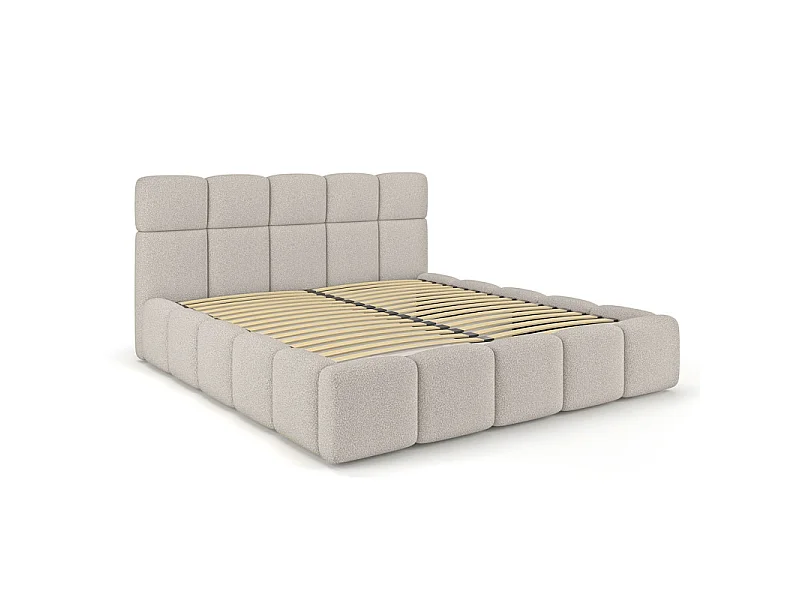 Lit coffre 140 x 200 cm en tissu capitonné bouclette beige – MIRACLE