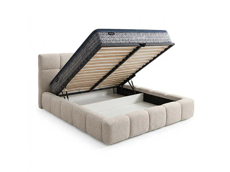 Lit coffre 140 x 200 cm en tissu capitonné bouclette beige – MIRACLE