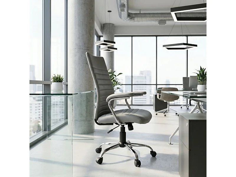 Fauteuil de bureau pivotant simili gris clair détails chromés – MORGANE