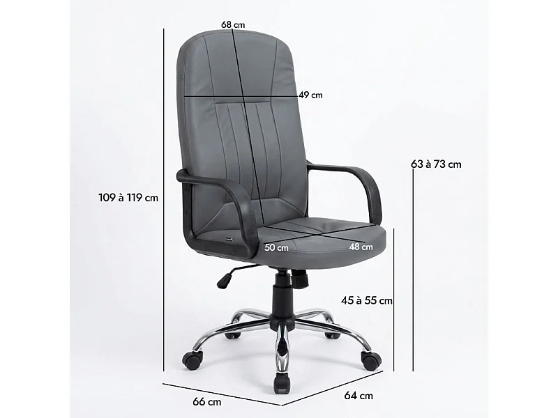 Fauteuil de bureau pivotant en simili gris et pieds chromés – WILLA