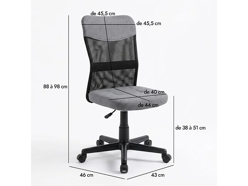 Chaise de bureau compacte en mesh et tissu gris – DOMINIC
