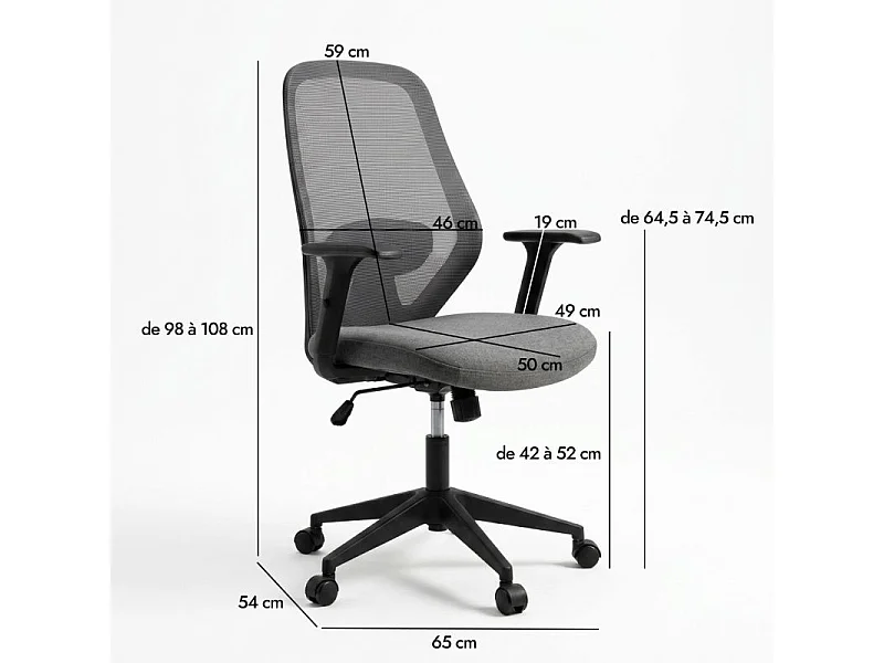 Fauteuil de bureau tissu mesh noir assise réglable – MADDIE