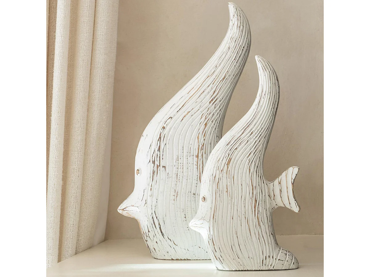 Statuette Déco en Bois "Poisson Antique" 50cm Blanc