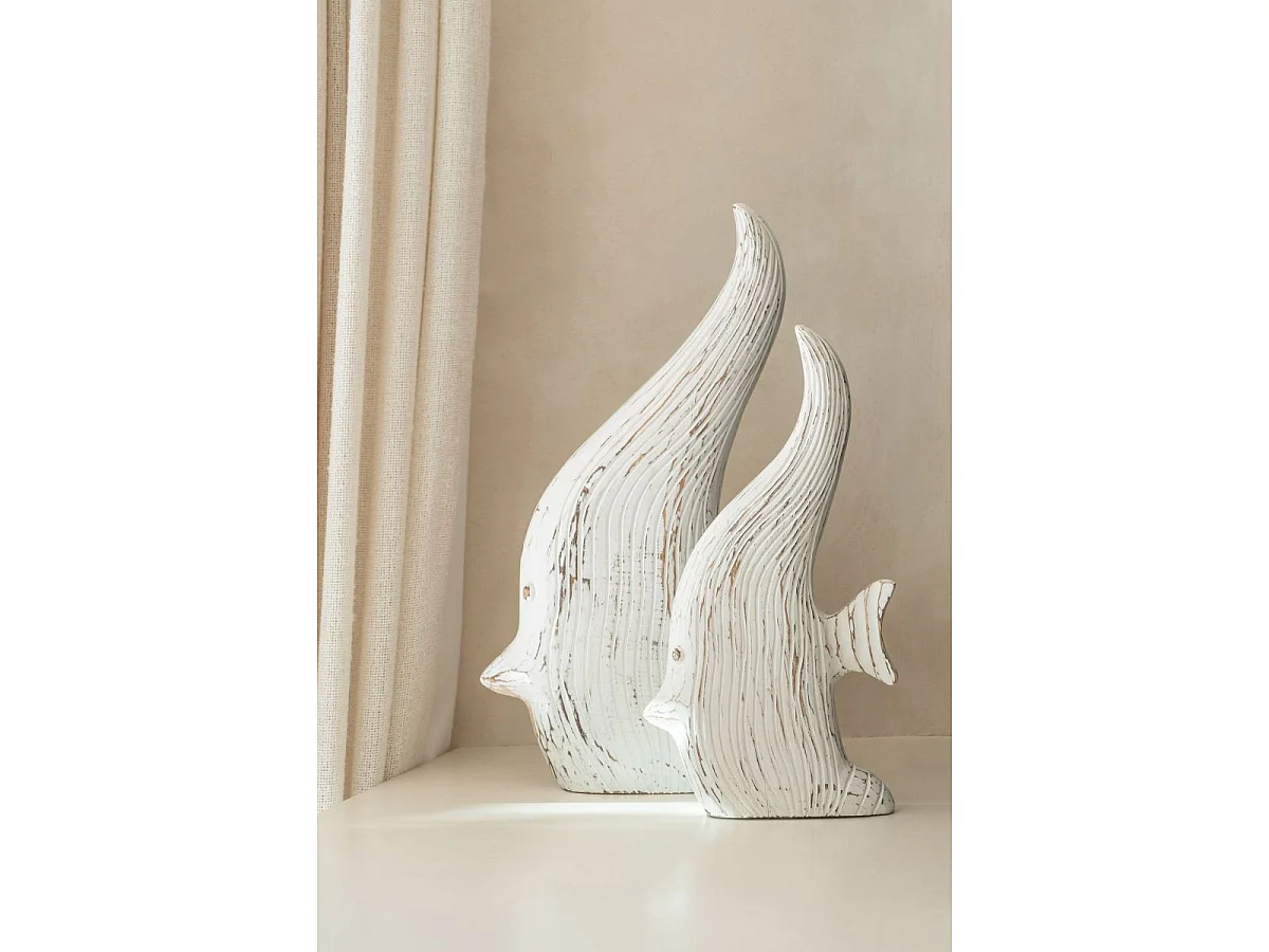 Statuette Déco en Bois "Poisson Antique" 50cm Blanc