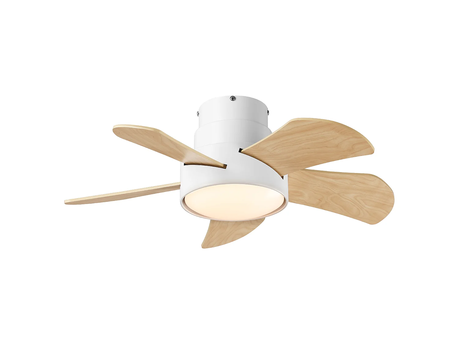Parrot Uncle Hängender LED-Ventilator mit Lampe, weißes Gehäuse, 76 cm lange Flügel mit Holzoptik, ideal für kleine Schlafzimmer und Wohnzimmer
