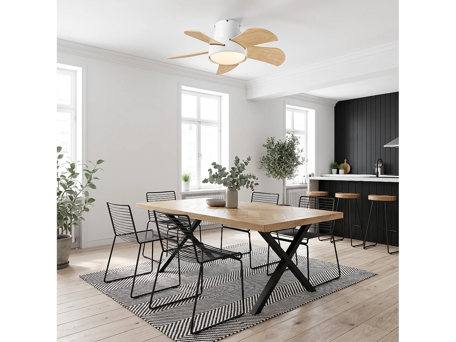 Parrot Uncle Hängender LED-Ventilator mit Lampe, weißes Gehäuse, 76 cm lange Flügel mit Holzoptik, ideal für kleine Schlafzimmer und Wohnzimmer