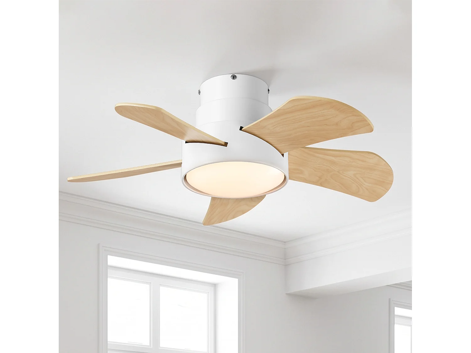 Parrot Uncle Hängender LED-Ventilator mit Lampe, weißes Gehäuse, 76 cm lange Flügel mit Holzoptik, ideal für kleine Schlafzimmer und Wohnzimmer