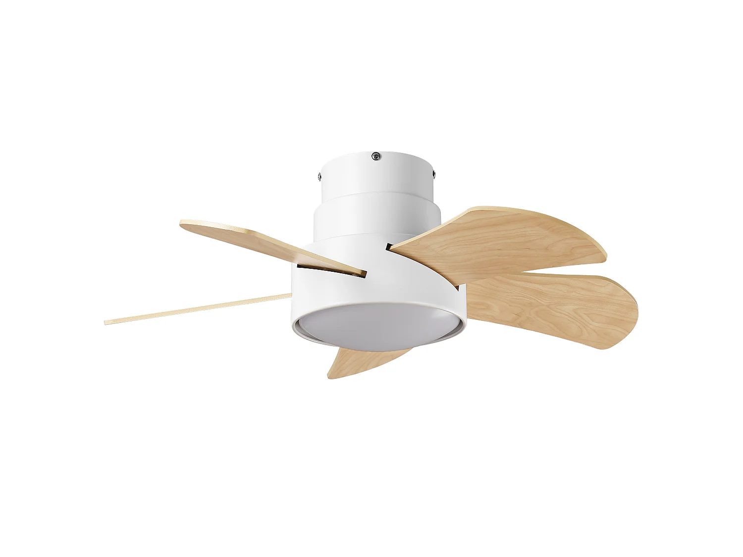 Parrot Uncle Hängender LED-Ventilator mit Lampe, weißes Gehäuse, 76 cm lange Flügel mit Holzoptik, ideal für kleine Schlafzimmer und Wohnzimmer
