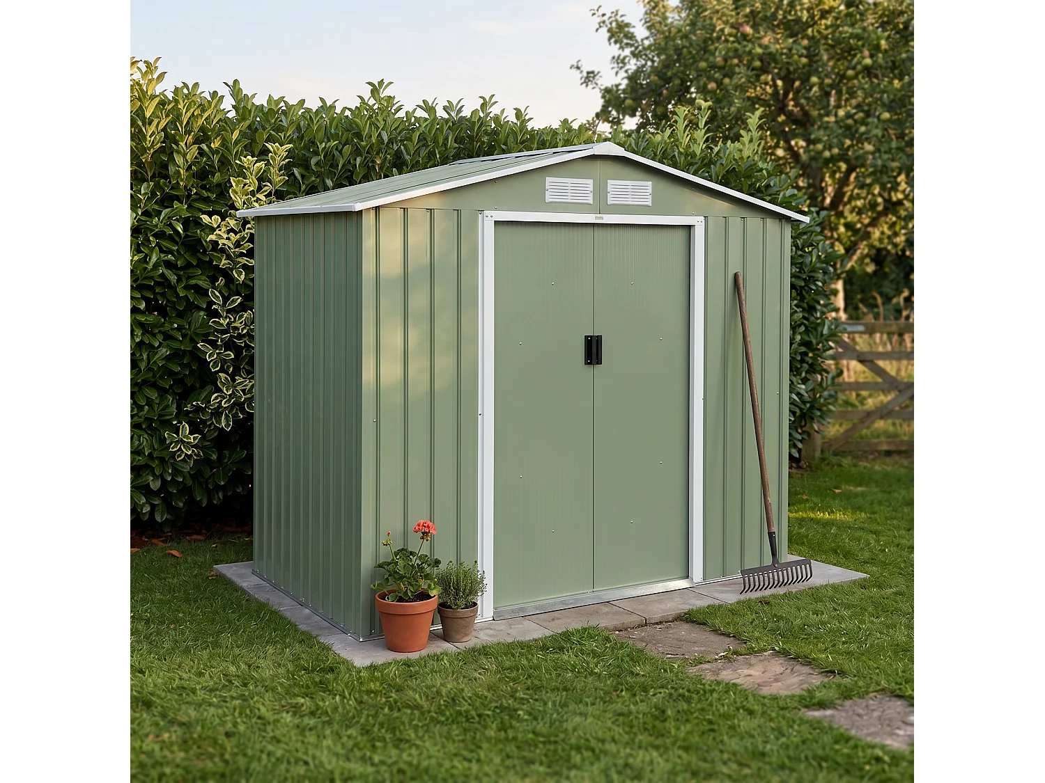 Abri de jardin en métal - Houtland. 2.71 m² vert clair- Cabane à outils avec double portes coulissantes. kit de fixation sol inclus. L 213 x P 131 x H 185cm