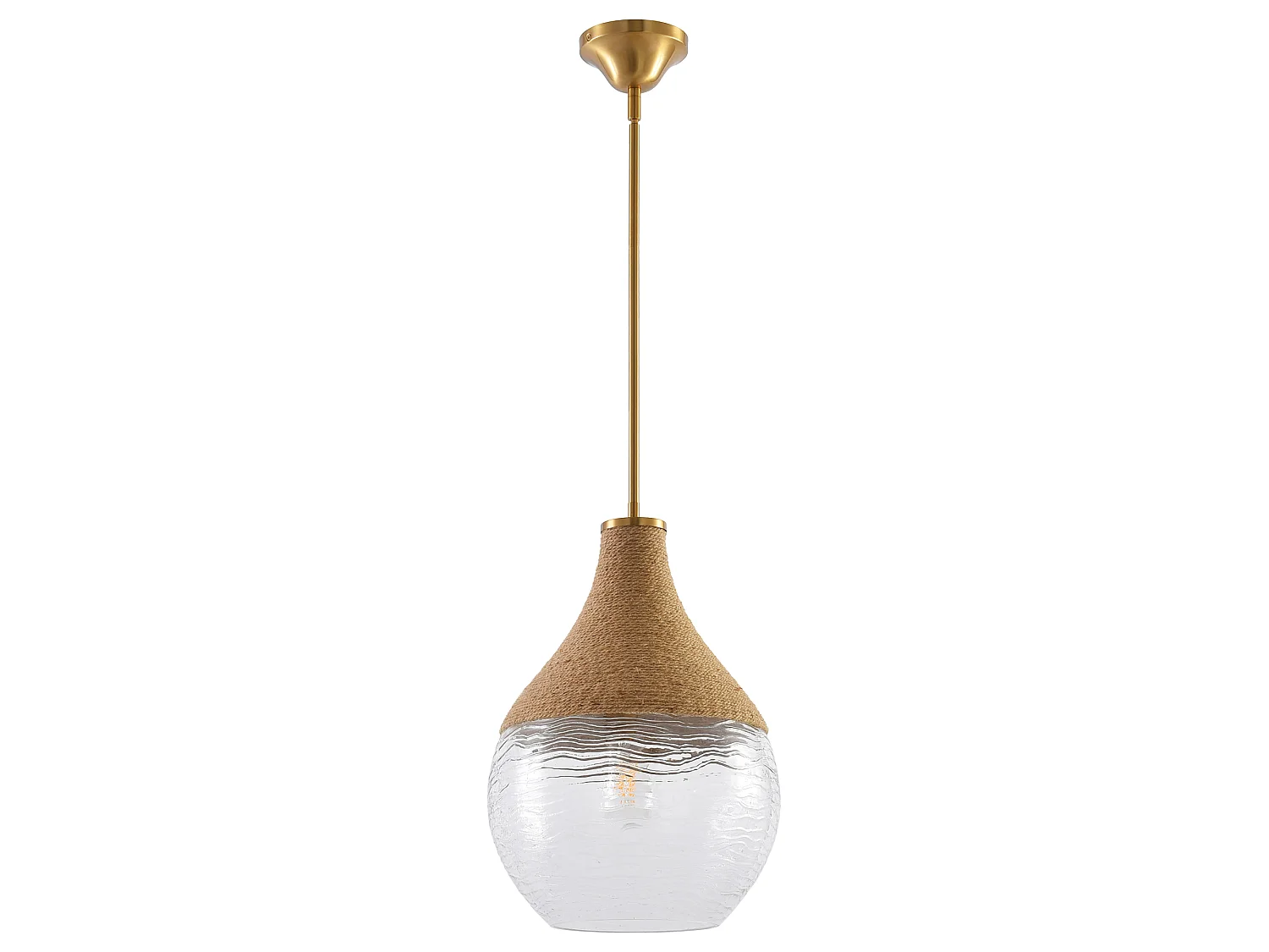Parrot Uncle Lustre en verre texturé, alliant la texture de la corde naturelle au métal doré, dans un style bohème tendance