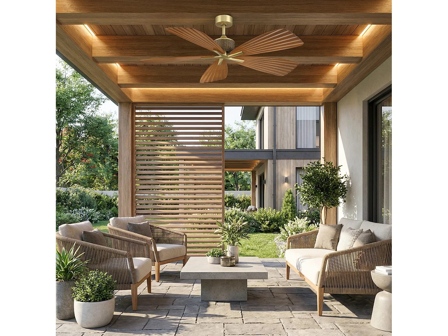 Parrot Uncle Design-Deckenventilator, Flügel mit geflochtenem Muster in Holzoptik, 142 cm, dunkelbraun