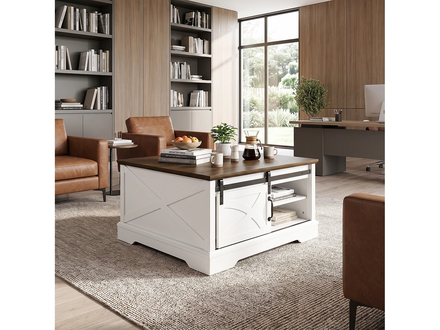 Parrot Uncle Weißer Couchtisch mit Stauraum für das Wohnzimmer – L80cm-multifunktionaler Tisch im industriellen Landhausstil