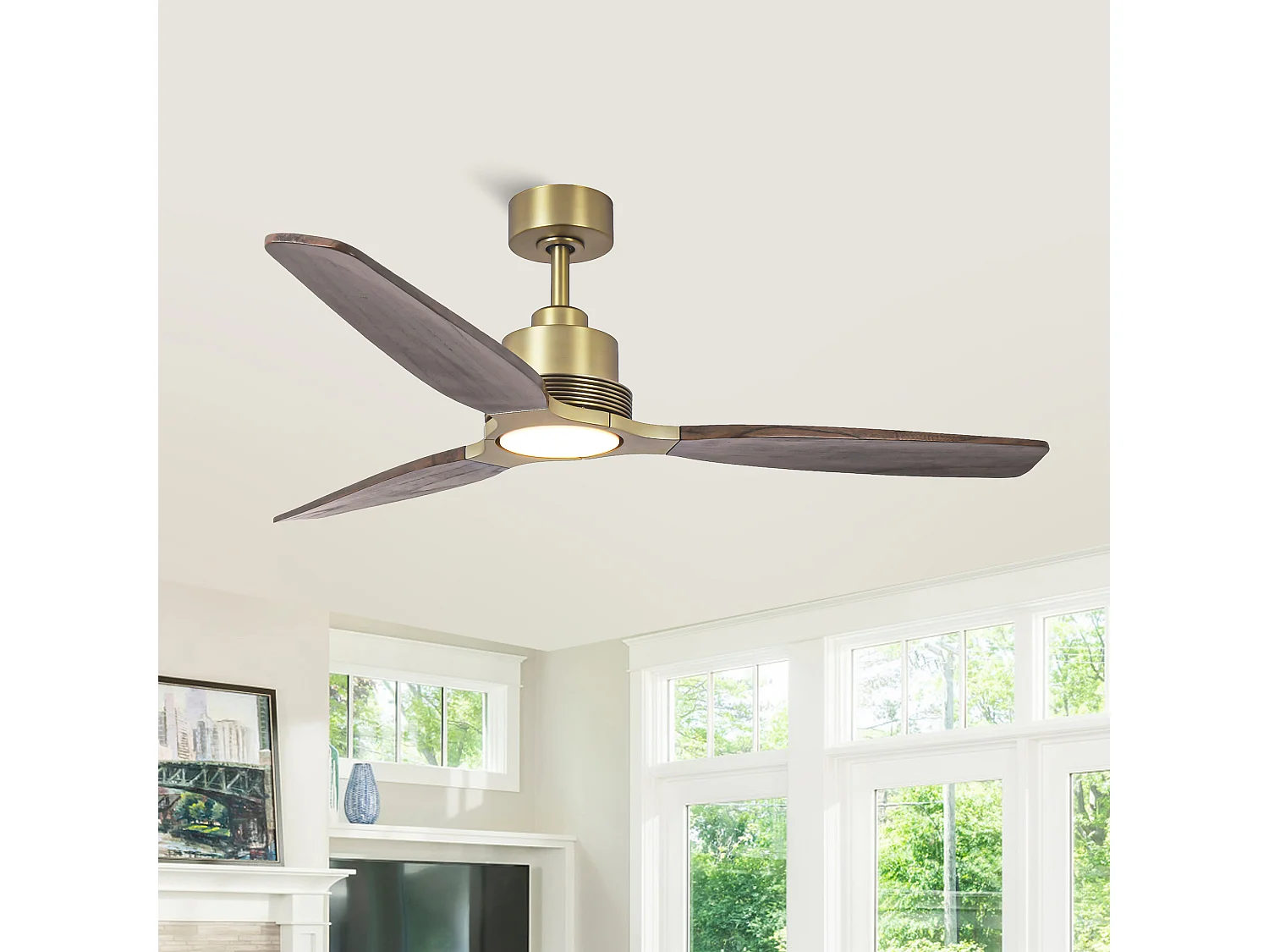 Parrot Uncle LED-Deckenventilator mit flexibler Messingaufhängung, drei Flügeln in Holzoptik, modernem und natürlichem Stil, Farbe: Dunkelbraun