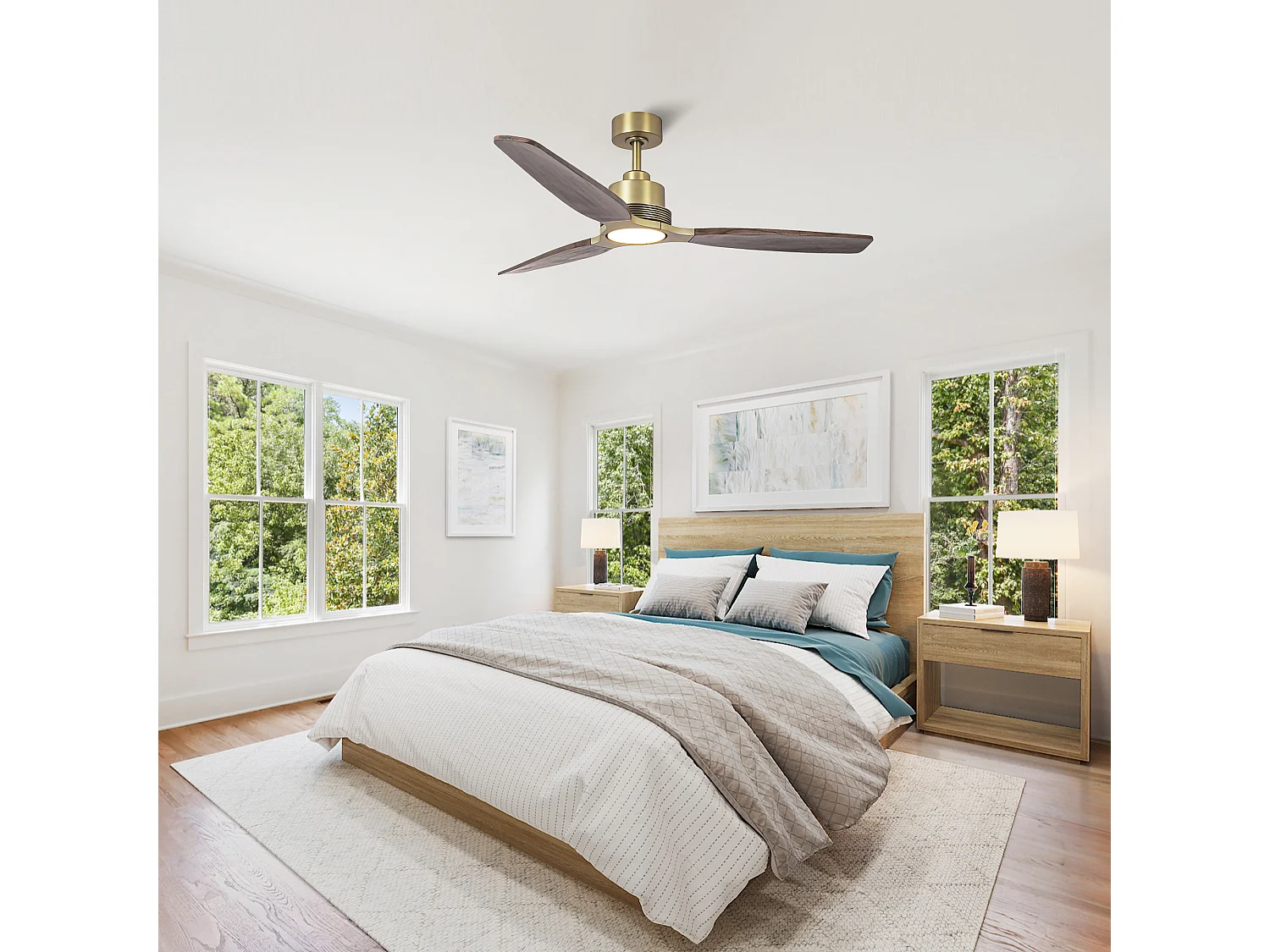 Parrot Uncle LED-Deckenventilator mit flexibler Messingaufhängung, drei Flügeln in Holzoptik, modernem und natürlichem Stil, Farbe: Dunkelbraun