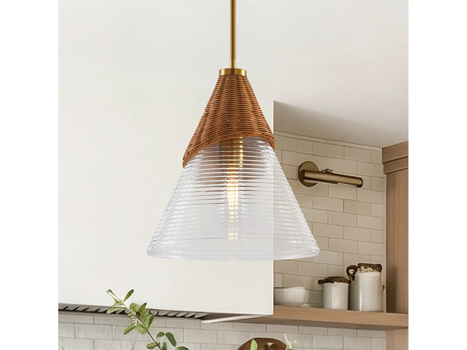 Parrot Uncle Suspension luminaire 35 cm, rotin tressé et verre texturé, finition dorée, style naturel