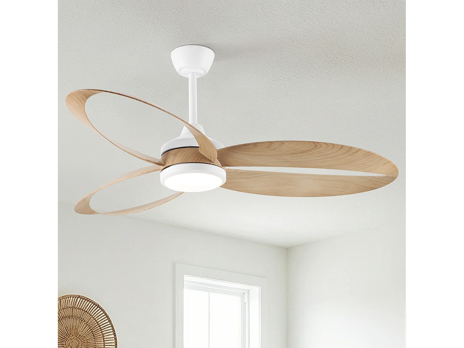 Parrot Uncle Deckenventilator mit Leuchte und originell geformten Flügeln, aerodynamische Flügel in Holzoptik, modernes und natürliches Design, weiß, 110 cm