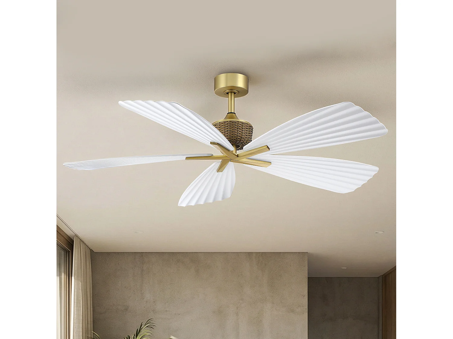 Parrot Uncle Deckenventilator ohne Beleuchtung, Rattan-Optik, 120 cm, weiß, im Boho-Chic-Stil