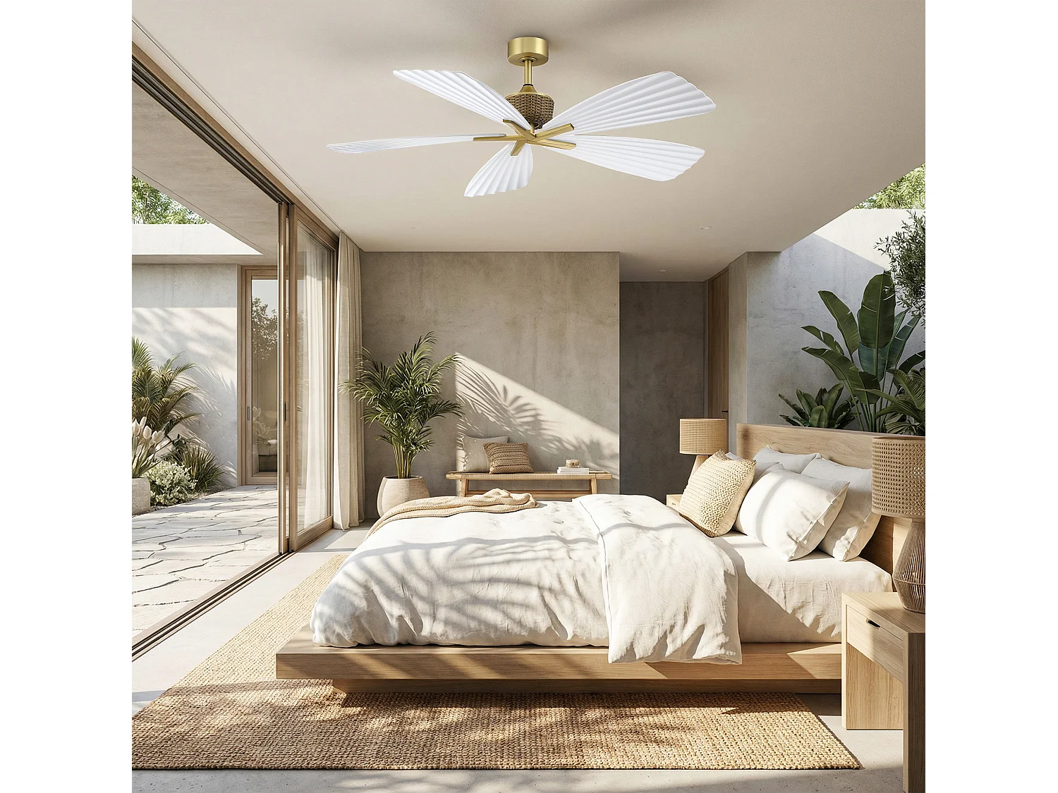 Parrot Uncle Deckenventilator ohne Beleuchtung, Rattan-Optik, 120 cm, weiß, im Boho-Chic-Stil