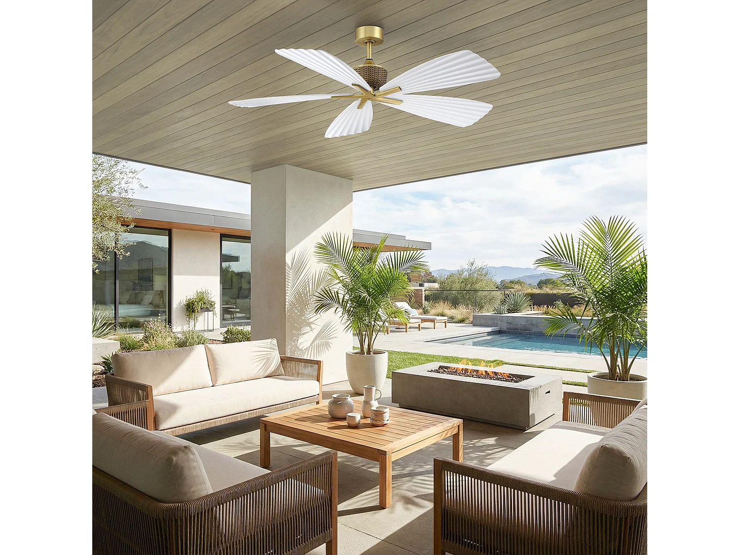 Parrot Uncle Deckenventilator ohne Beleuchtung, Rattan-Optik, 120 cm, weiß, im Boho-Chic-Stil