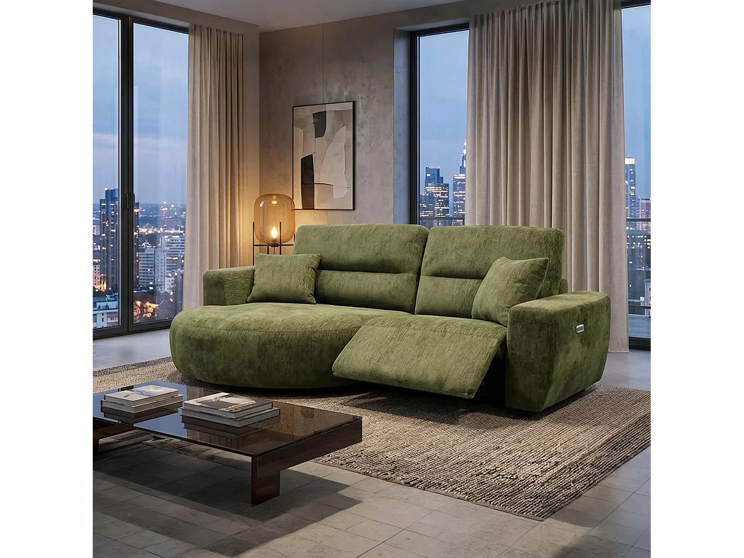 Denton Green Left Hand Electric Recliner Chaise Sofa Chenille Fabric