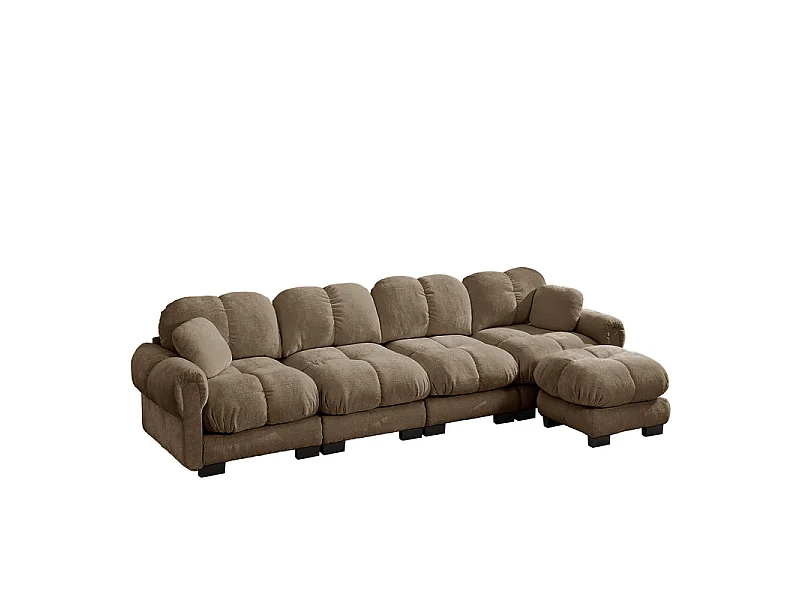 Sofá 4 plazas esquinero modular en Chenilla, con puf y 2 cojines, 330x149x90cm, Marrón