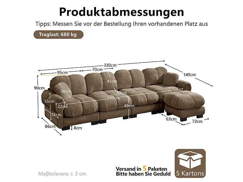 Sofá 4 plazas esquinero modular en Chenilla, con puf y 2 cojines, 330x149x90cm, Marrón