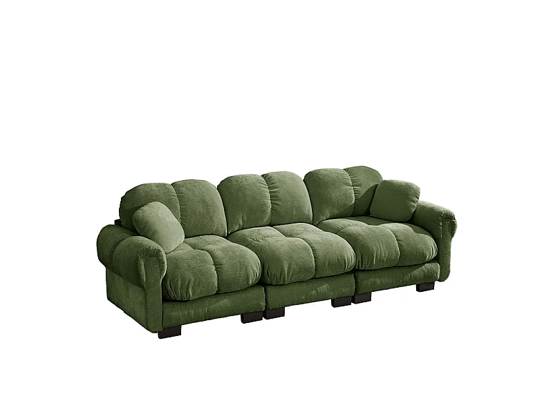 Sofá 3 plazas en Chenilla, con asiento acolchado y 2 cojines, 260x86x90cm, Verde