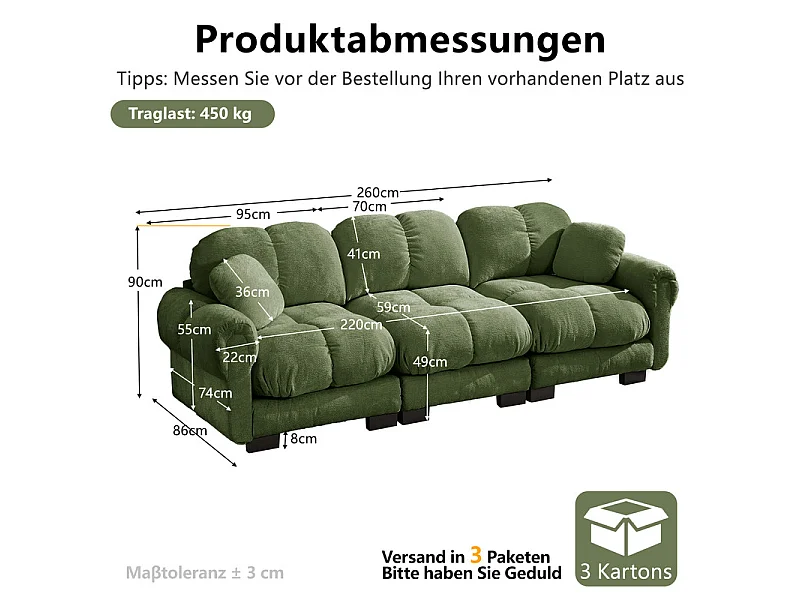 Sofá 3 plazas en Chenilla, con asiento acolchado y 2 cojines, 260x86x90cm, Verde