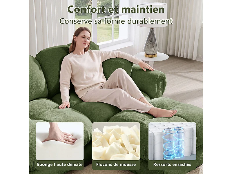 Sofá 3 plazas en Chenilla, con asiento acolchado y 2 cojines, 260x86x90cm, Verde