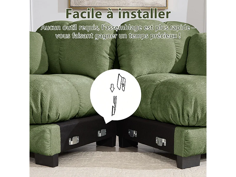 Sofá 3 plazas en Chenilla, con asiento acolchado y 2 cojines, 260x86x90cm, Verde