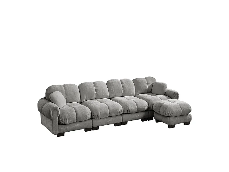 Canapé 4 places d'angle modulable en Chenille, avec pouf et 2 oreillers, 330x149x90cm, Gris