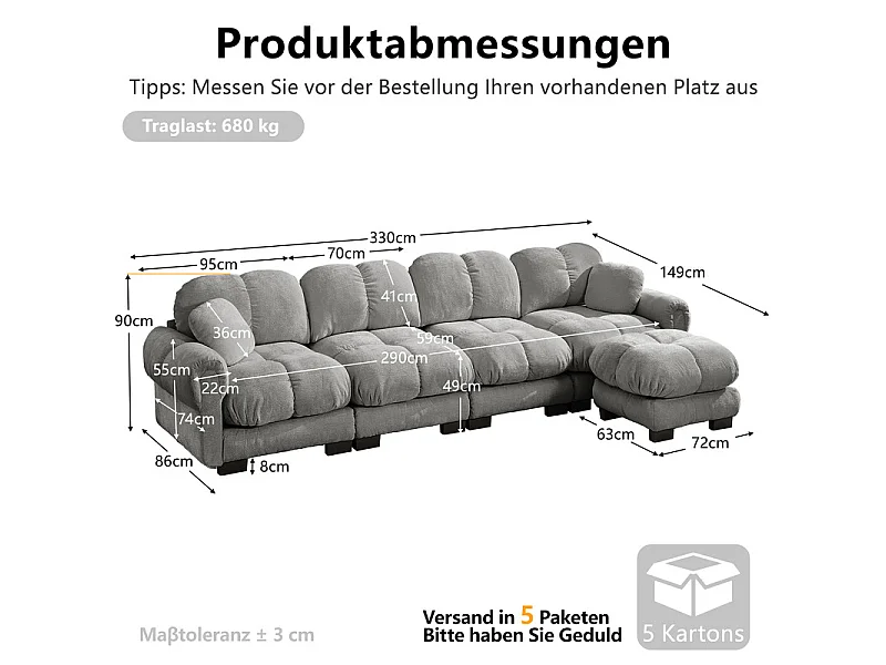 Canapé 4 places d'angle modulable en Chenille, avec pouf et 2 oreillers, 330x149x90cm, Gris