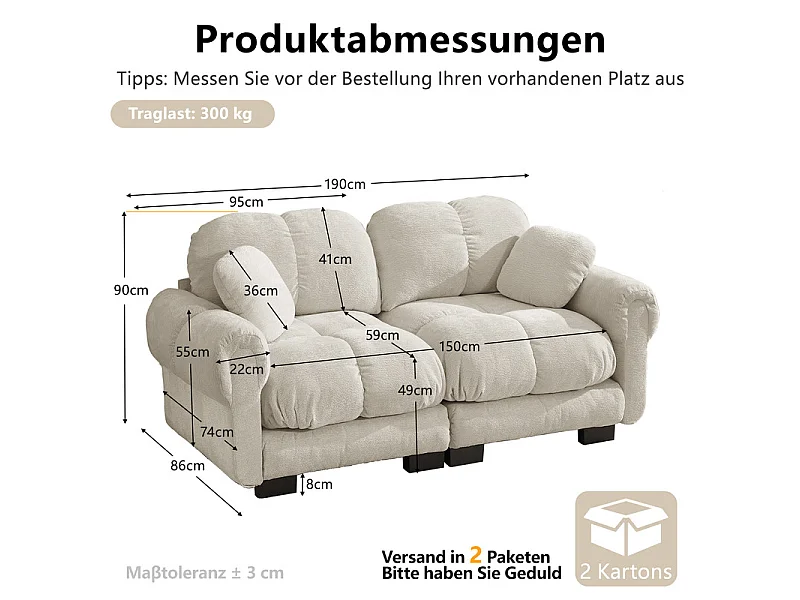 Sofá 2 plazas en Chenilla, con asiento acolchado y 2 cojines, 190x86x90cm, Beige