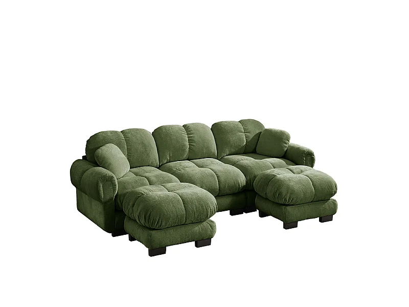 Sofá esquinero panorámico modular en Chenilla, con 2 puf y 2 cojines, 260x149x90cm, Verde