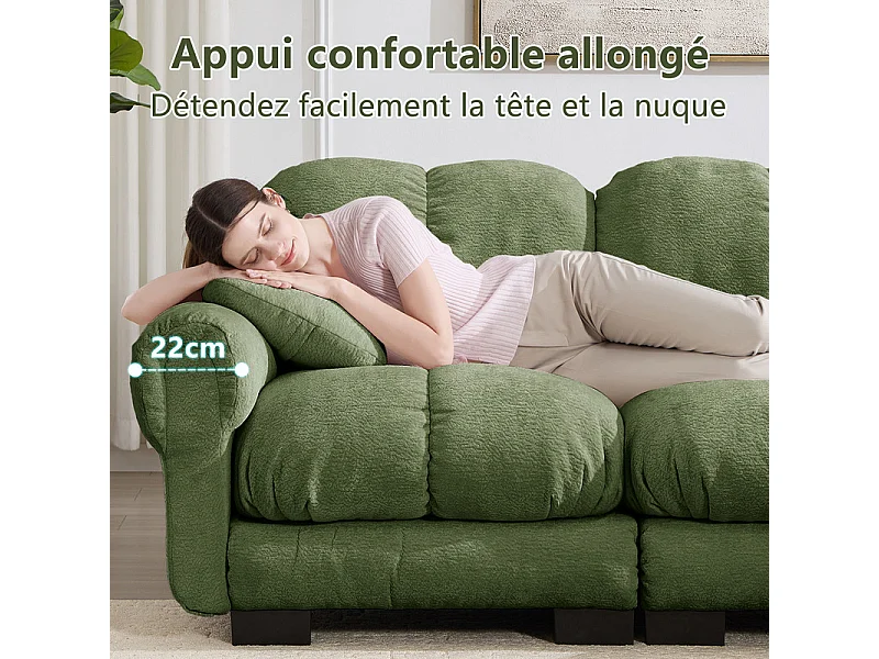 Sofá esquinero panorámico modular en Chenilla, con 2 puf y 2 cojines, 260x149x90cm, Verde
