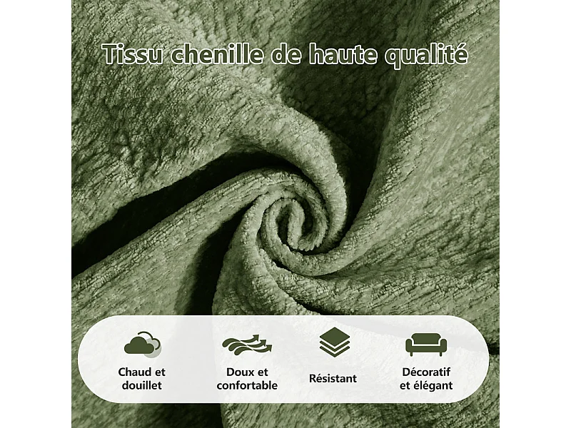 Sofá esquinero panorámico modular en Chenilla, con 2 puf y 2 cojines, 260x149x90cm, Verde