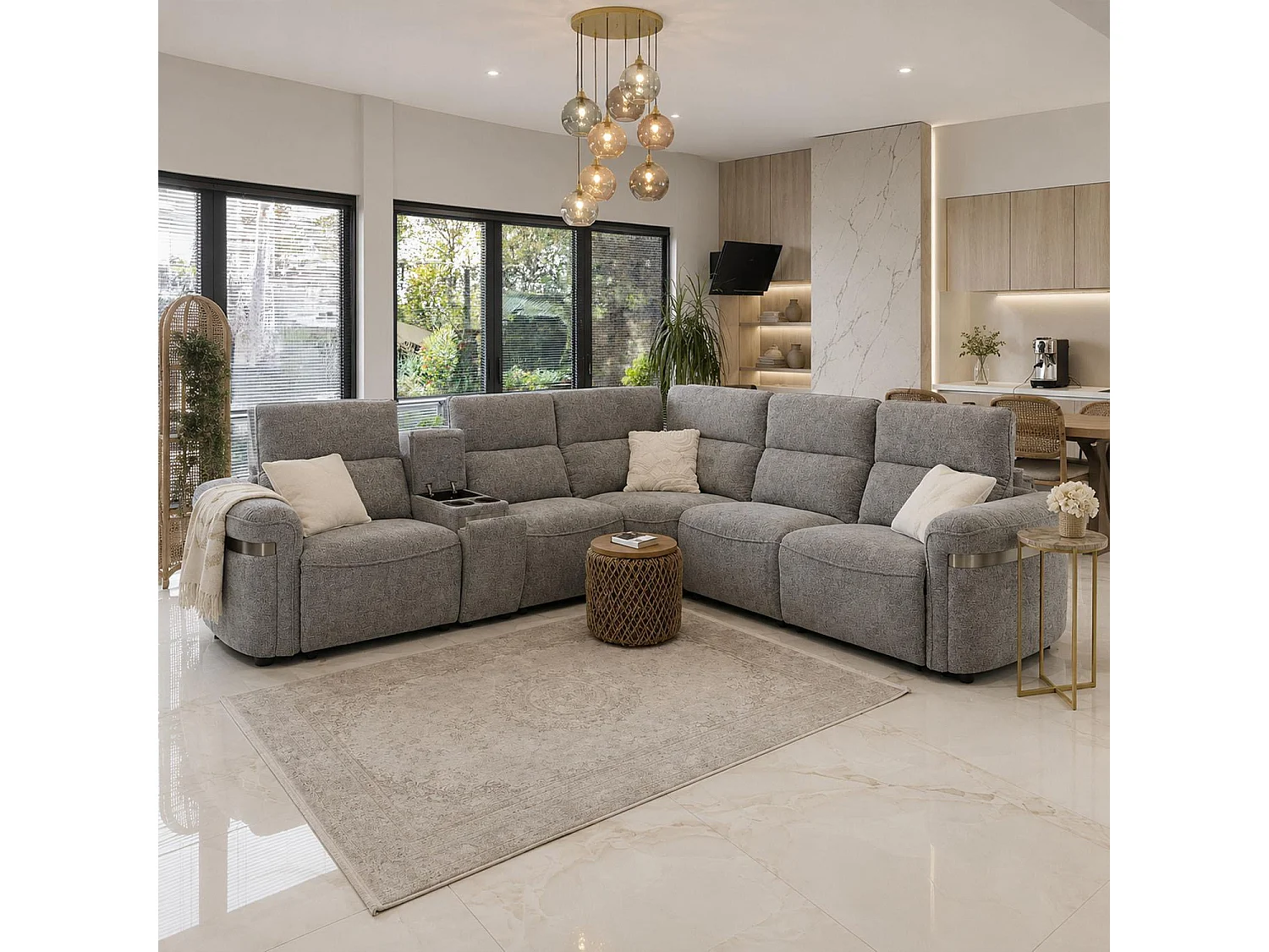 Buxley Grey 5 Seater Electric Reclining Corner Sofa with Console