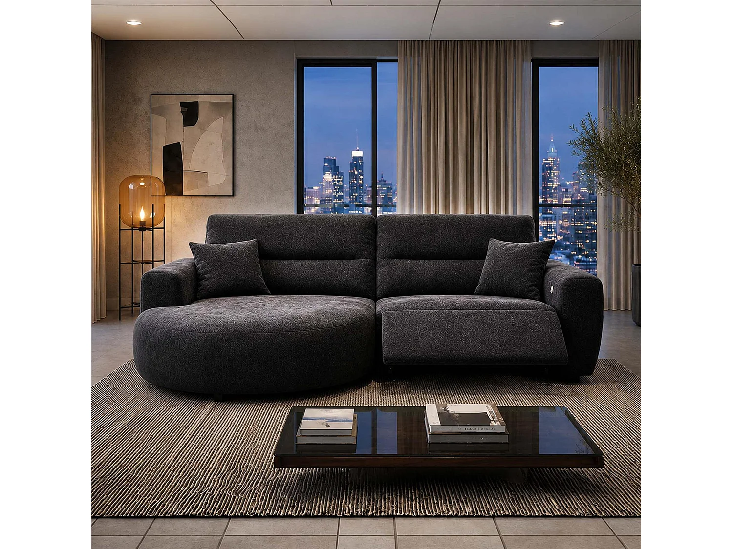 Denton Black Left Hand Electric Recliner Chaise Sofa Chenille Fabric