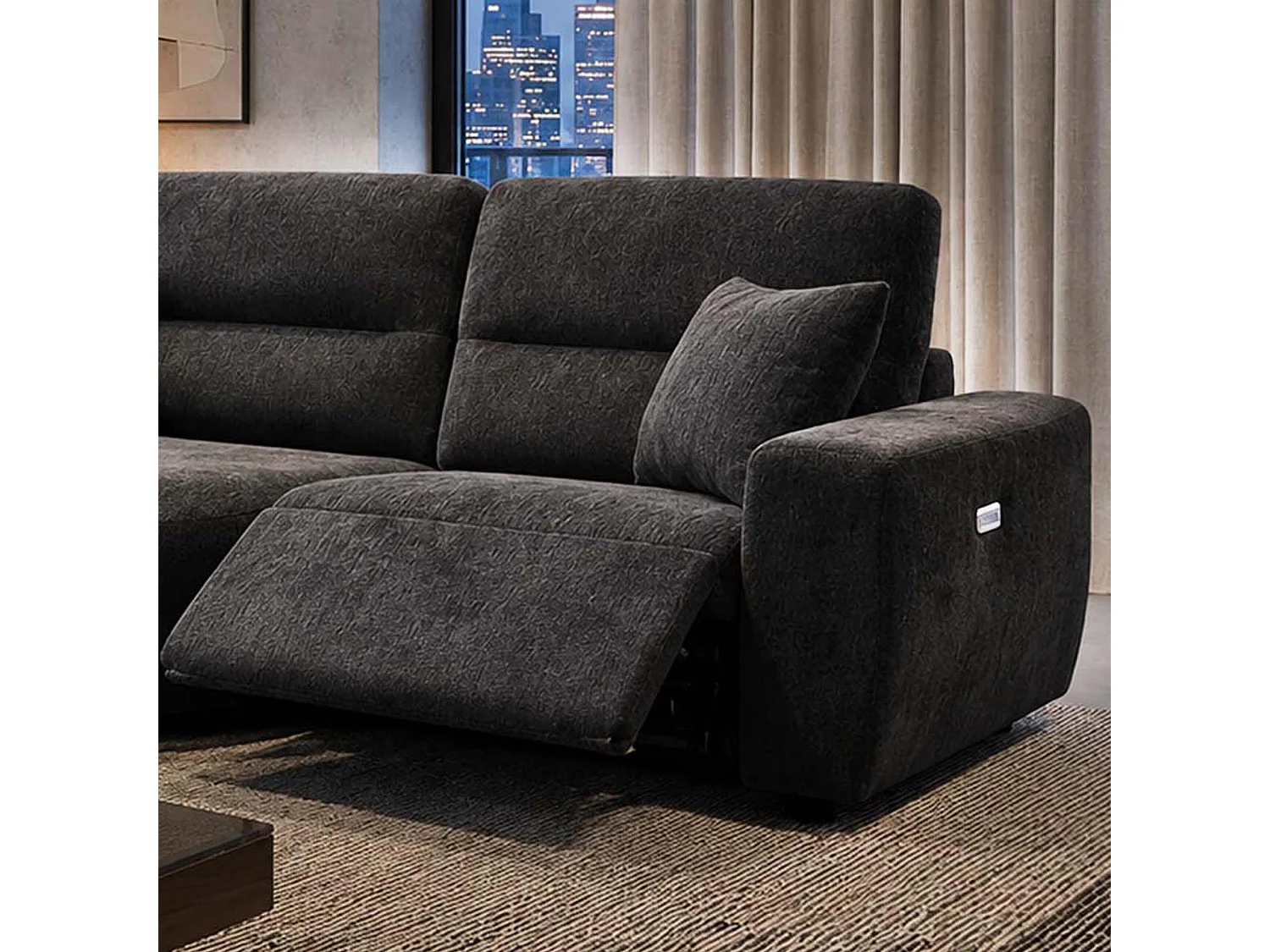 Denton Black Left Hand Electric Recliner Chaise Sofa Chenille Fabric